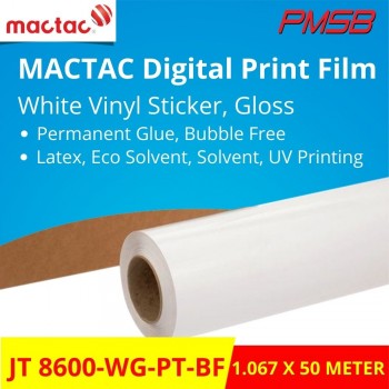 JT 8600-WG-PT-BF MACTAC WHITE VINYL STICKER, GLOSSY, BUBBLE FREE (1.067M X 50M)